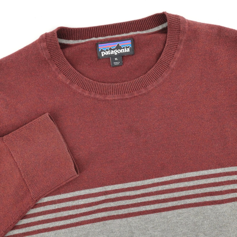 Patagonia Yewcrag Crew Crewneck Sweater Burgundy Grey Striped Colorblock Mens XL